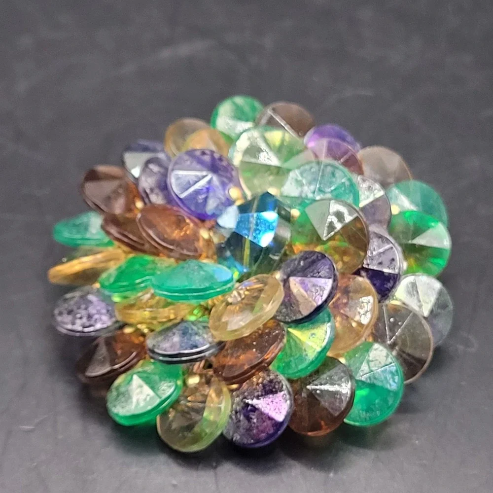 Vintage Brooch Brown Green Purple‎ Gold Tone Back